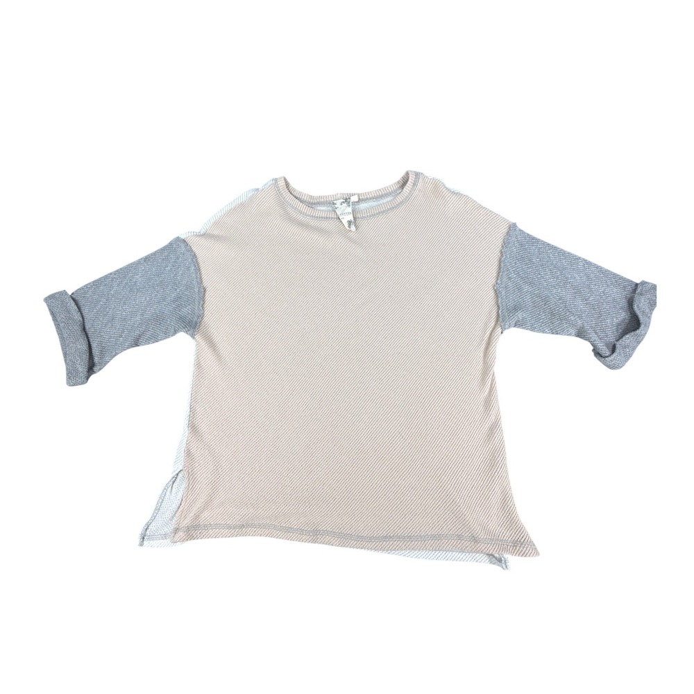 Blu Pepper‎ XS Colorblock Waffle Knit Top Tan Grey White 3/4 Sleeve Relaxed